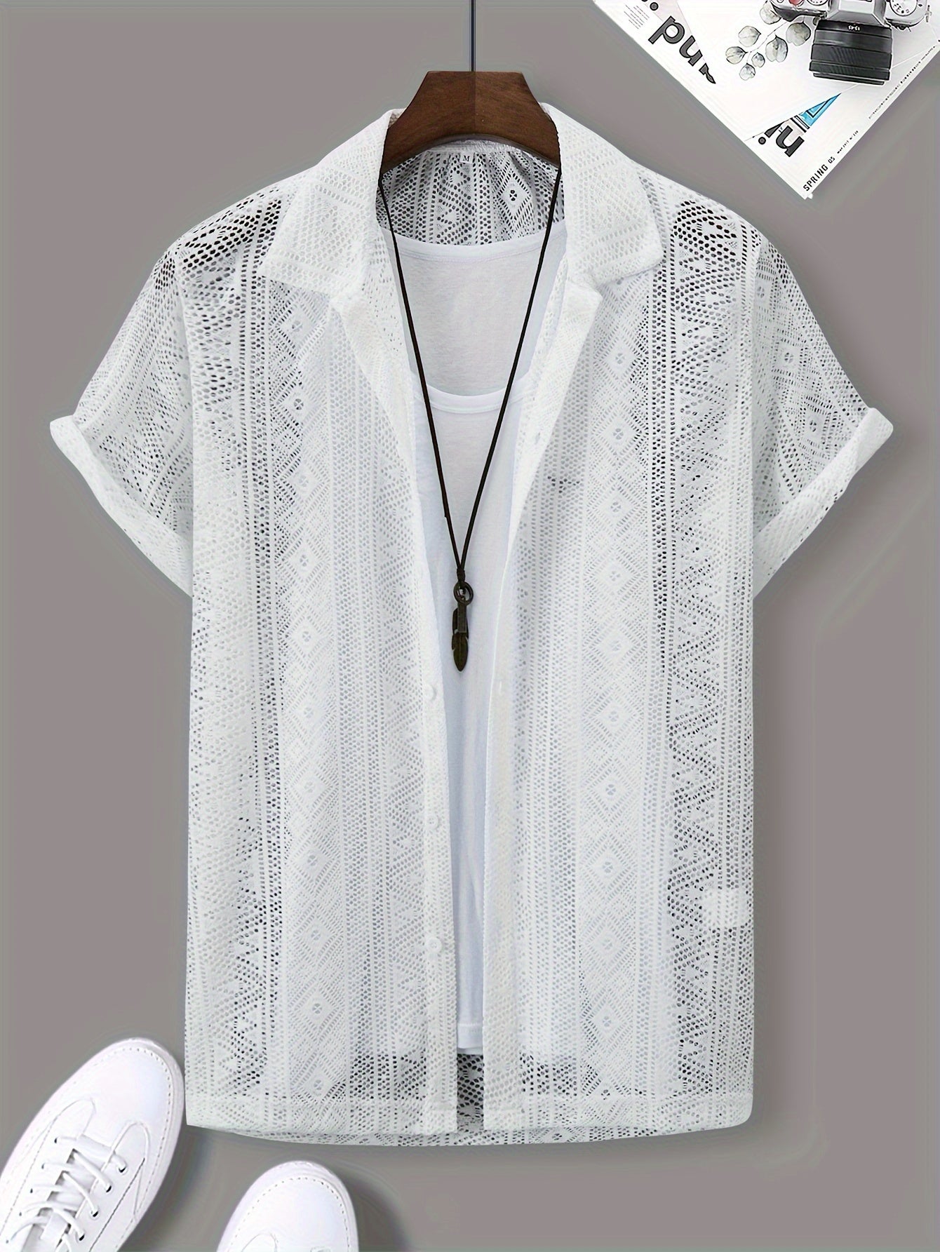 Men's Geometric Graphic Print Shirt, Casual Lapel Button Up Short Sleeve Mesh Shirt For Summer Outdoor Activities