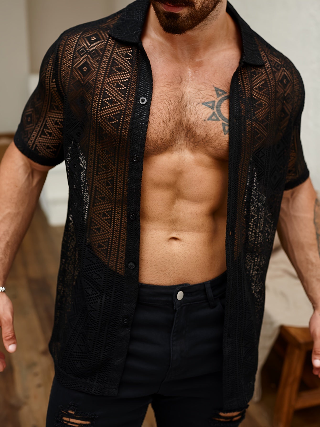 Men's Geometric Graphic Print Shirt, Casual Lapel Button Up Short Sleeve Mesh Shirt For Summer Outdoor Activities