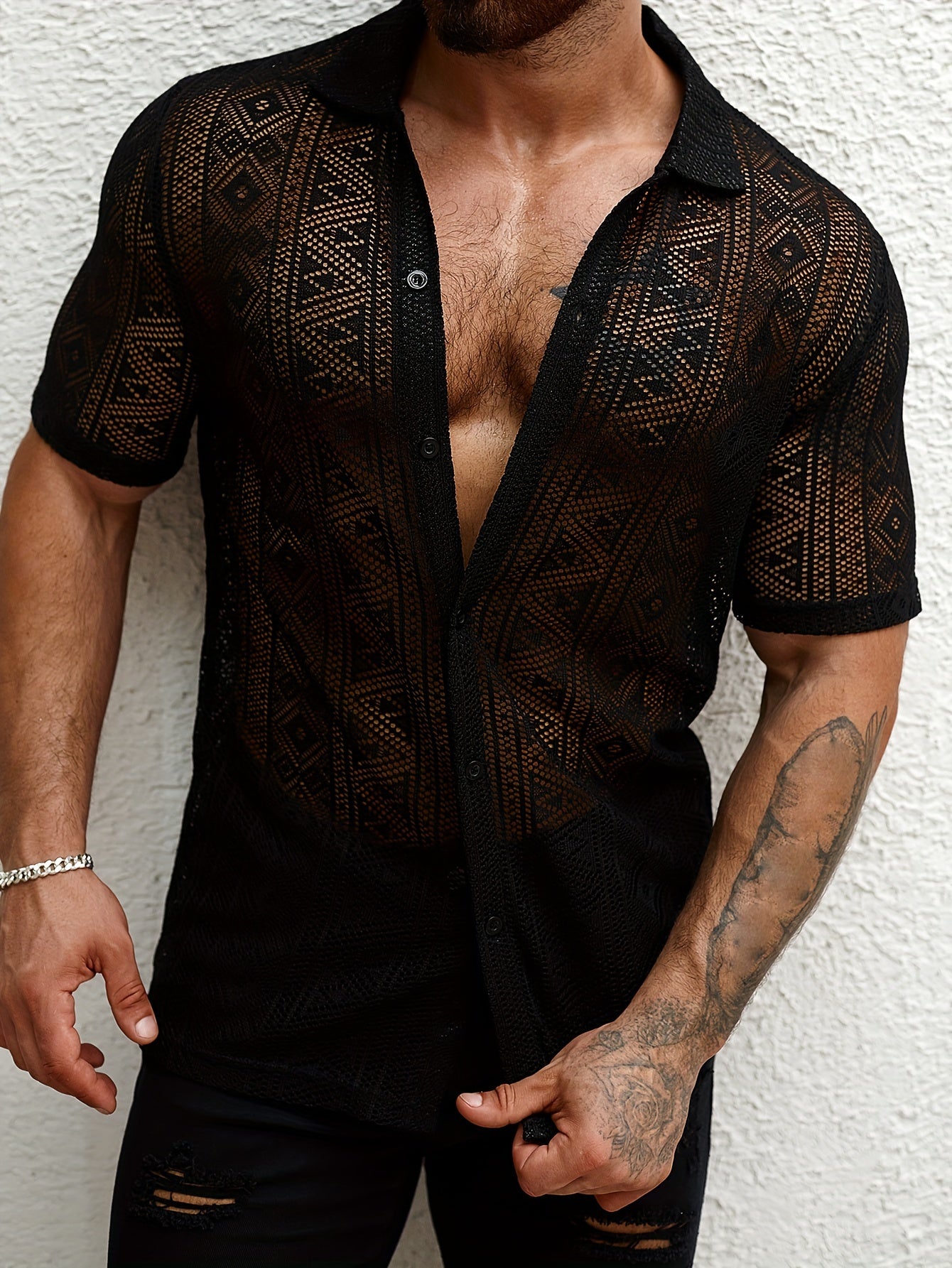 Men's Geometric Graphic Print Shirt, Casual Lapel Button Up Short Sleeve Mesh Shirt For Summer Outdoor Activities