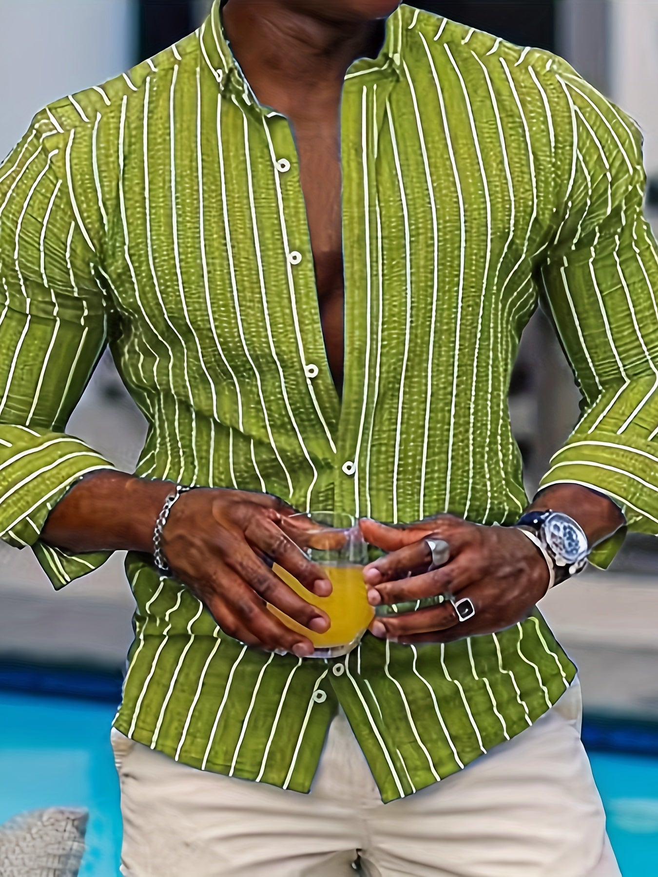 Casual Striped Men's Daily Thin Long Sleeve Button Up Shirt For Spring Summer Outdoor, Gift For Men