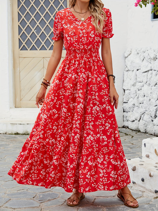 Floral Print Shirred Waist A-line Dress, Elegant V Neck Short Sleeve Dress For Spring & Summer, Women's Clothing