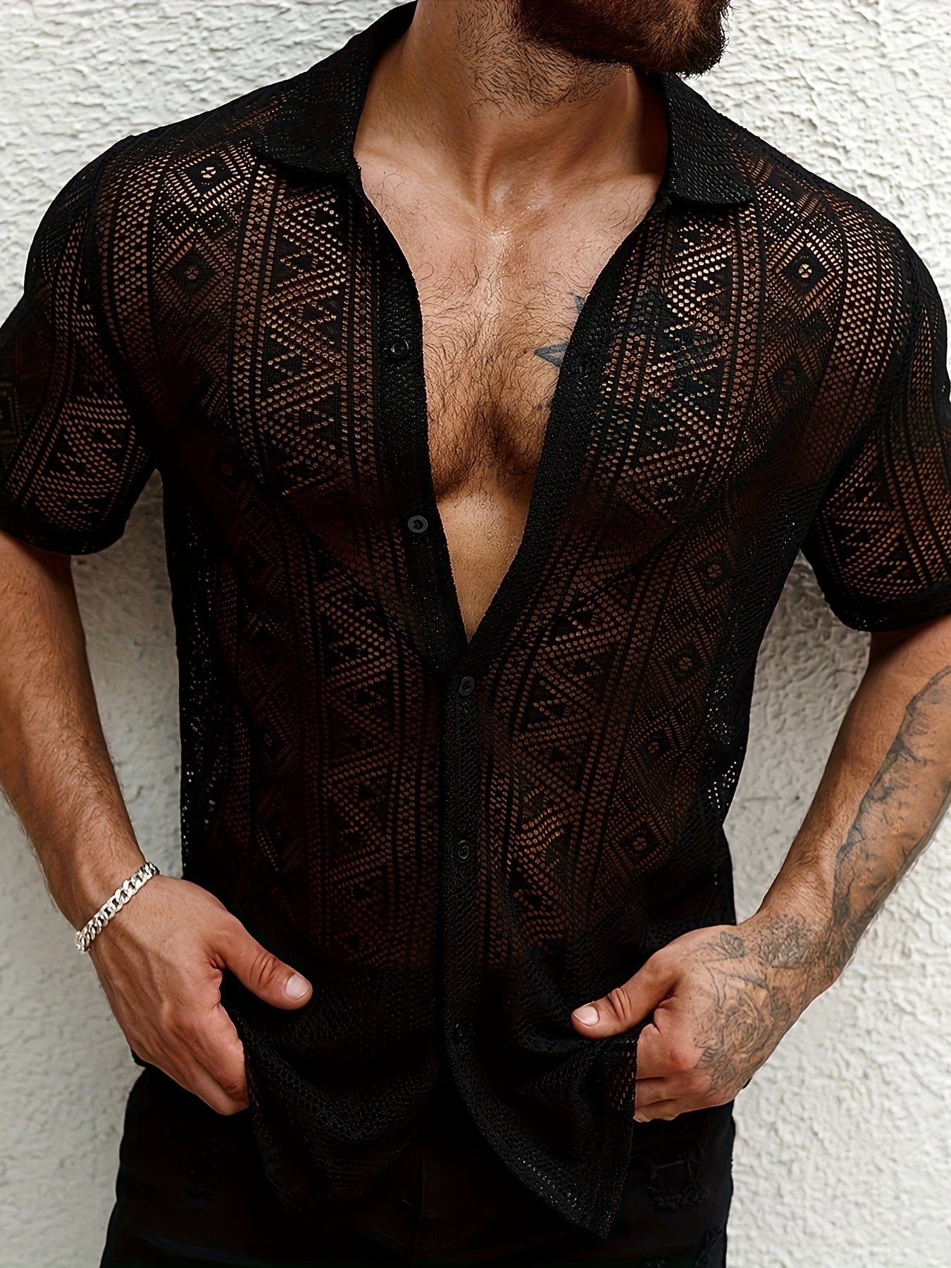 Men's Geometric Graphic Print Shirt, Casual Lapel Button Up Short Sleeve Mesh Shirt For Summer Outdoor Activities