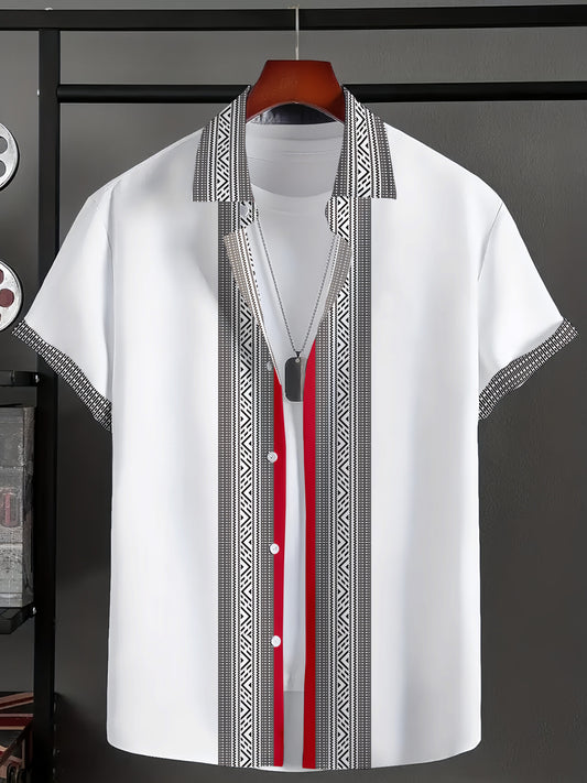 Geometric Print Men's Fashion Short Sleeve Shirt With Red Stripes, Stylish Casual Wear, Button-Up Collar, Versatile Outfit For Everyday Use