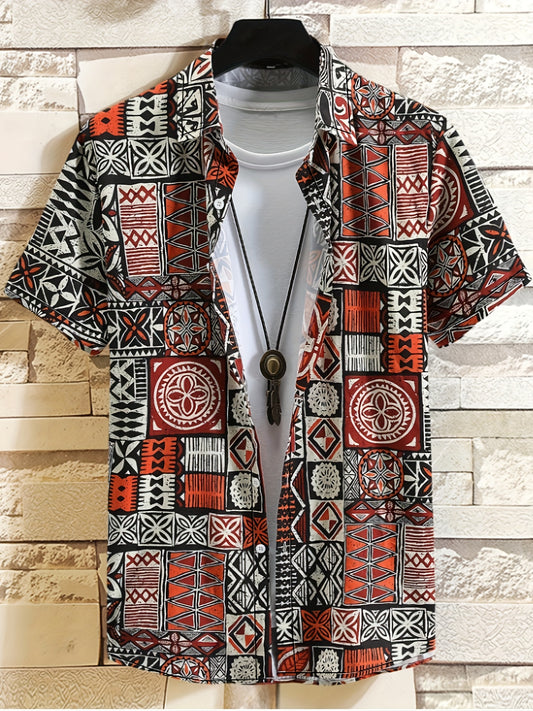 Ethnic Style Hawaiian Shirt, Men's Casual Button Up Short Sleeve Shirt For Summer Beach Vacation Resort