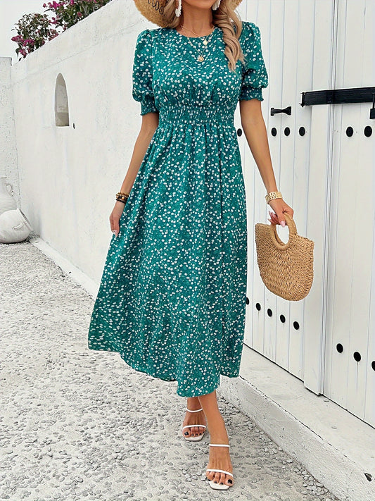 Floral Print Crew Neck Dress, Elegant Short Sleeve Dress For Summer, Women's Clothing