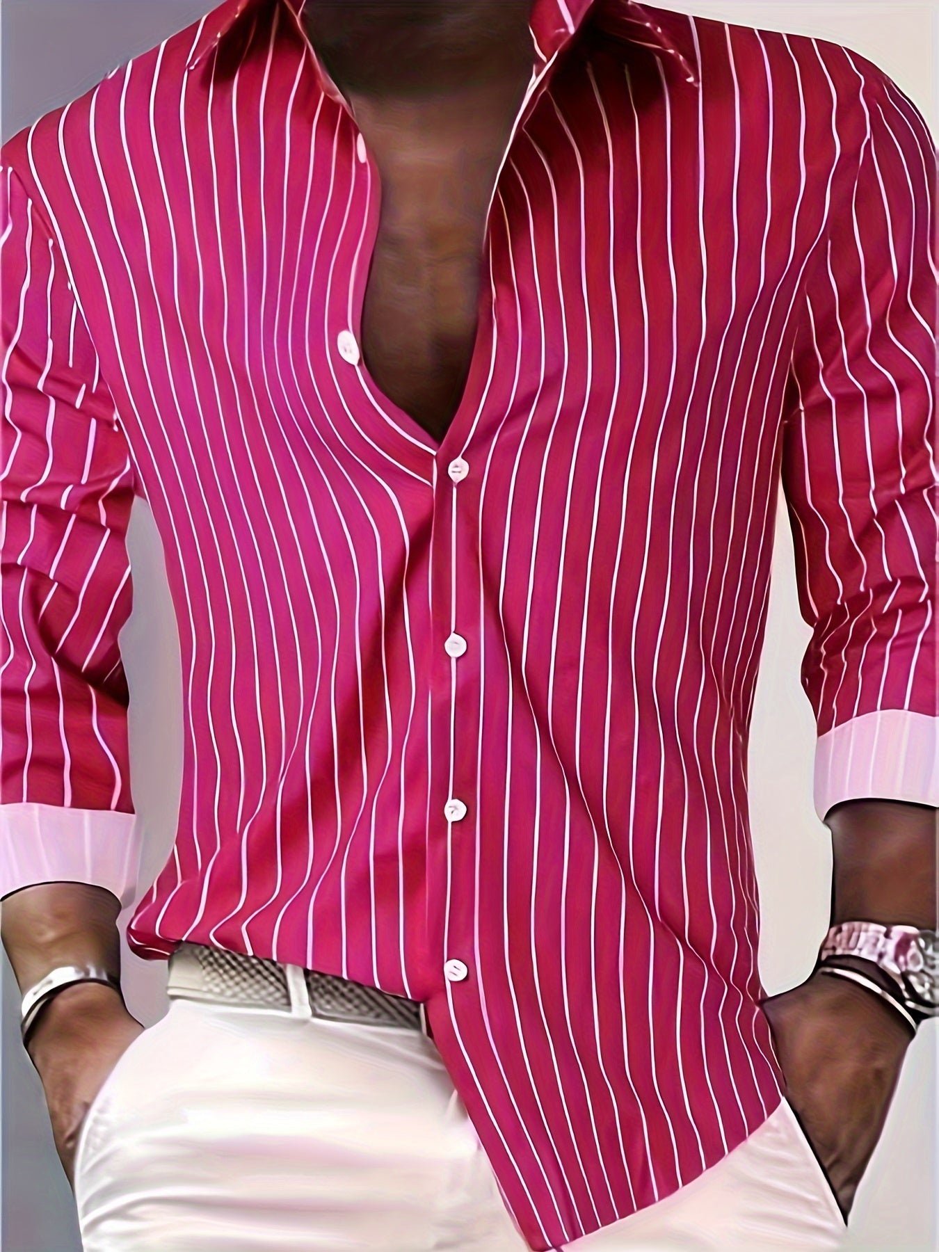 Casual Striped Men's Daily Thin Long Sleeve Button Up Shirt For Spring Summer Outdoor, Gift For Men