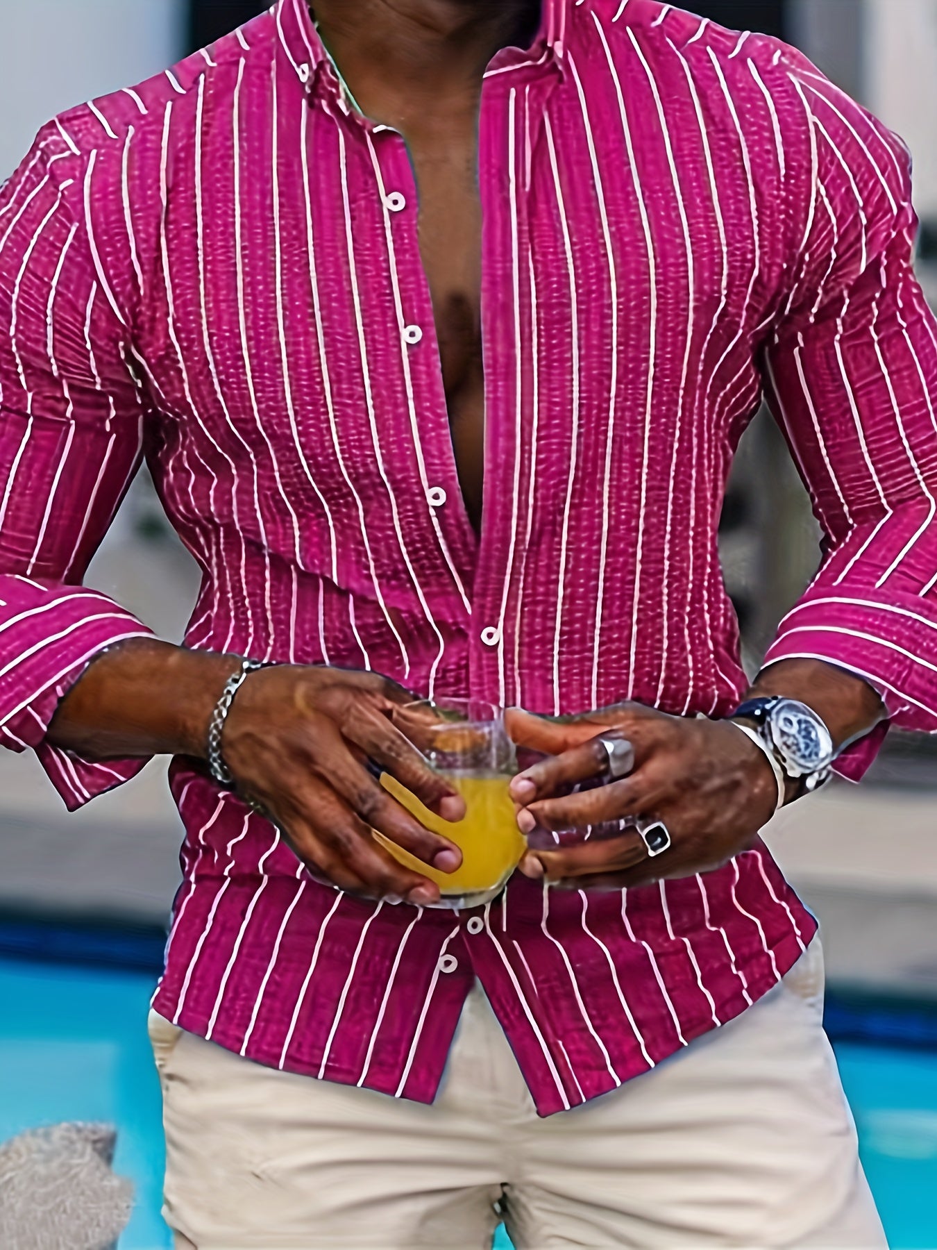 Casual Striped Men's Daily Thin Long Sleeve Button Up Shirt For Spring Summer Outdoor, Gift For Men