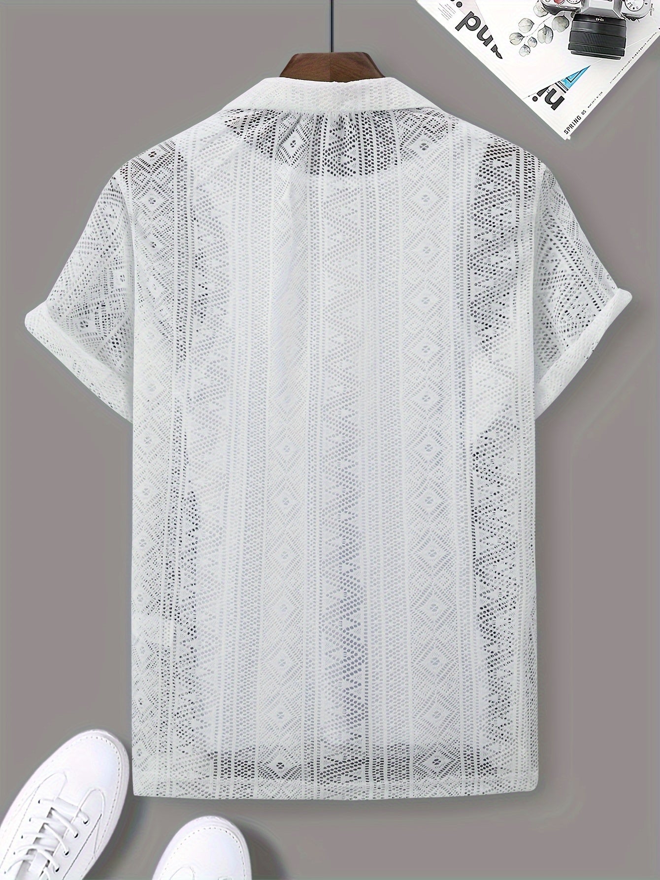 Men's Geometric Graphic Print Shirt, Casual Lapel Button Up Short Sleeve Mesh Shirt For Summer Outdoor Activities