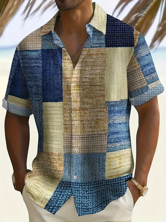 Men's Casual Short Sleeve Shirt With Retro Geometric Pattern, Summer Hawaiian Vacation Top, Button Up Collar, Leisure Style